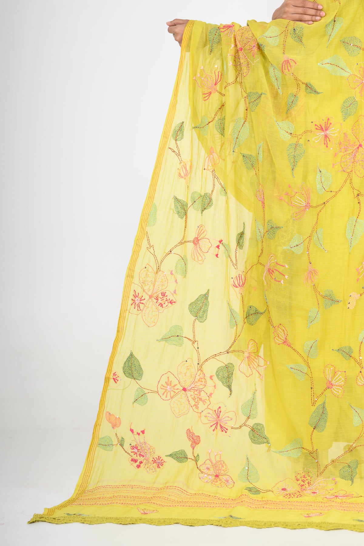 Sunshine Yellow Pure Mulmul Kurta Set & Dupatta with Katha Work