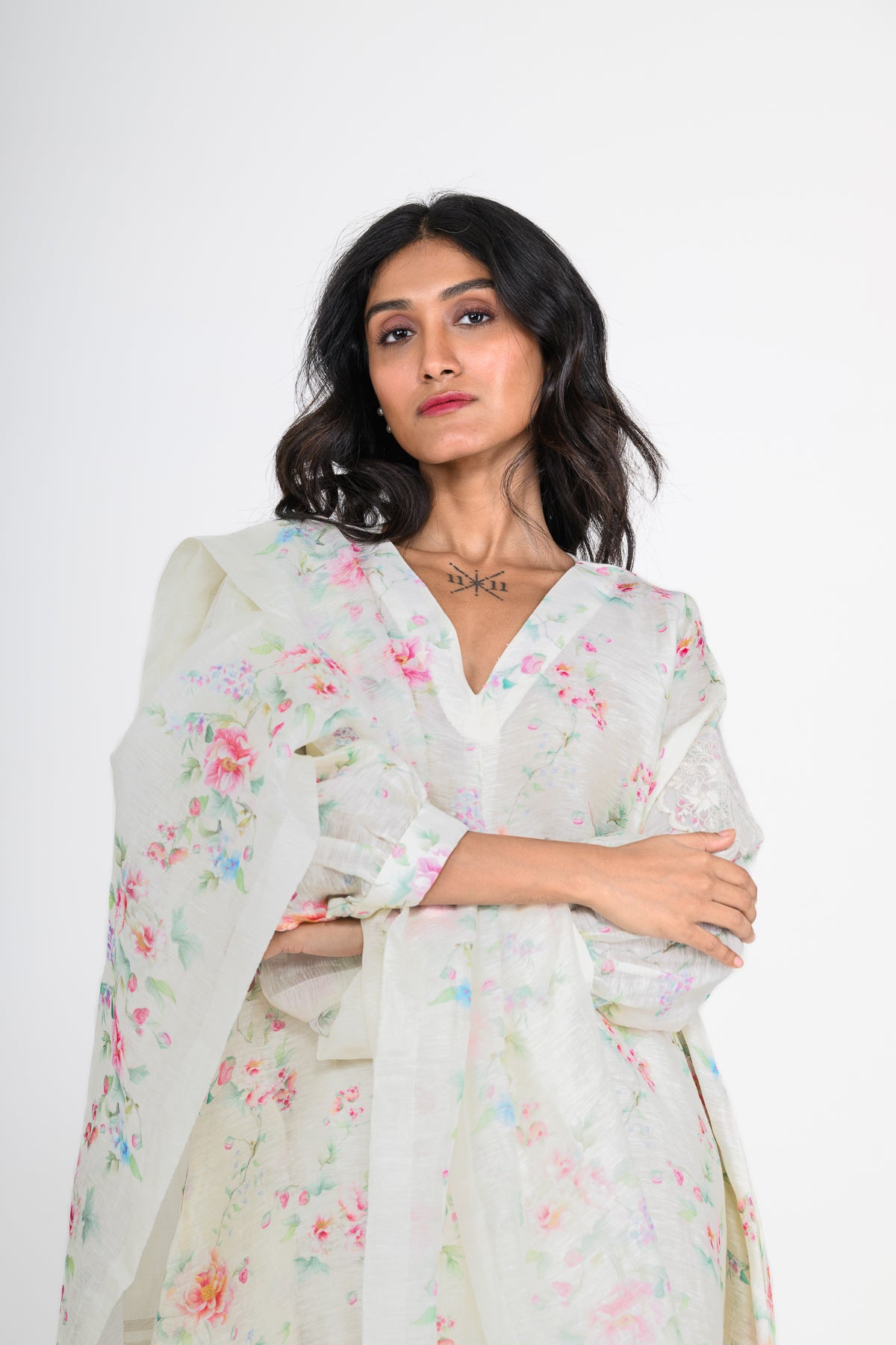 Floral Printed Pure Linen Off White Kurta Set with Dupatta