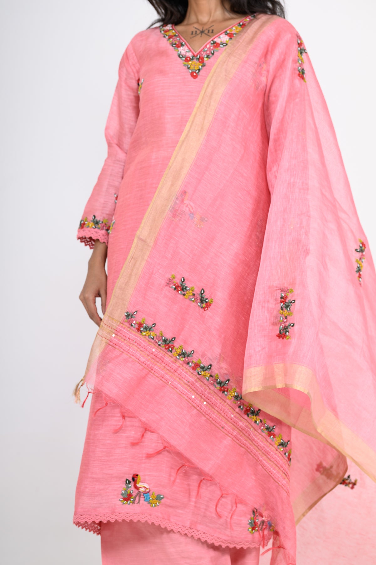 Pink Thread Embroidered Pure Linen Kurta Set & Dupatta