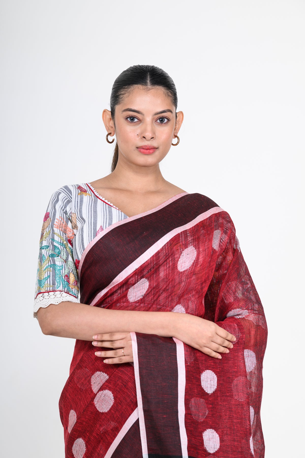 Red Pure Linen Polka Dot Handwoven Saree
