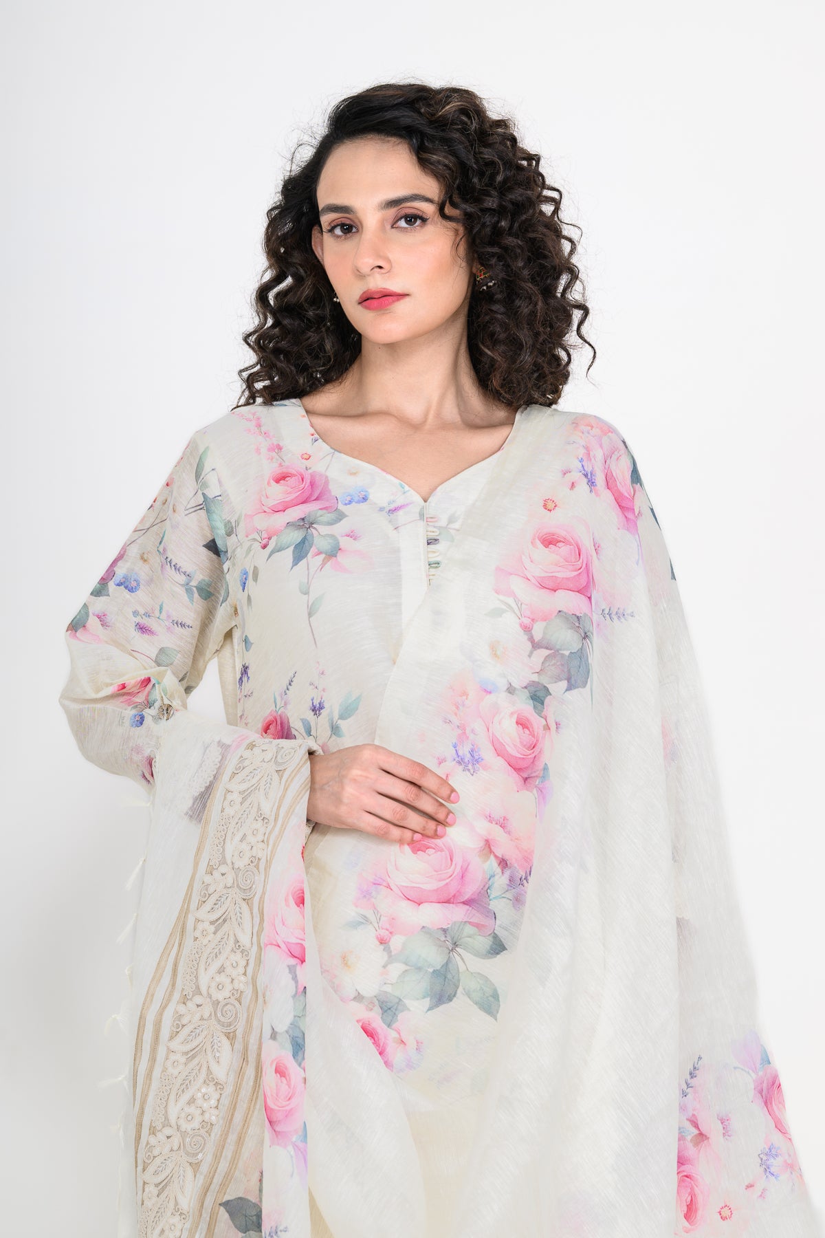 Pure Linen Off White Kurta Set with Dupatta