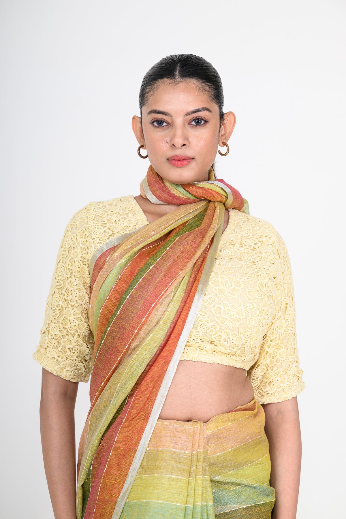 Multicolored Handwoven Striped Pure Linen Saree