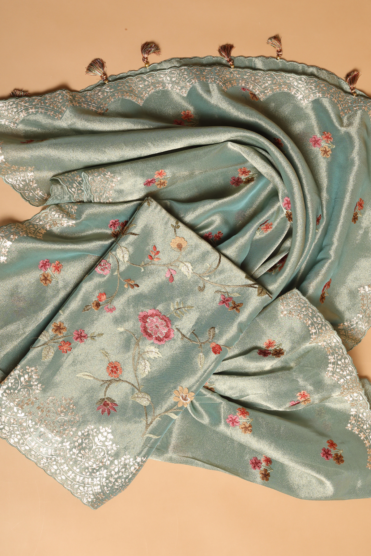 Green  Soft Tissue Kurta Set with Meticulous Parsi Embroidery