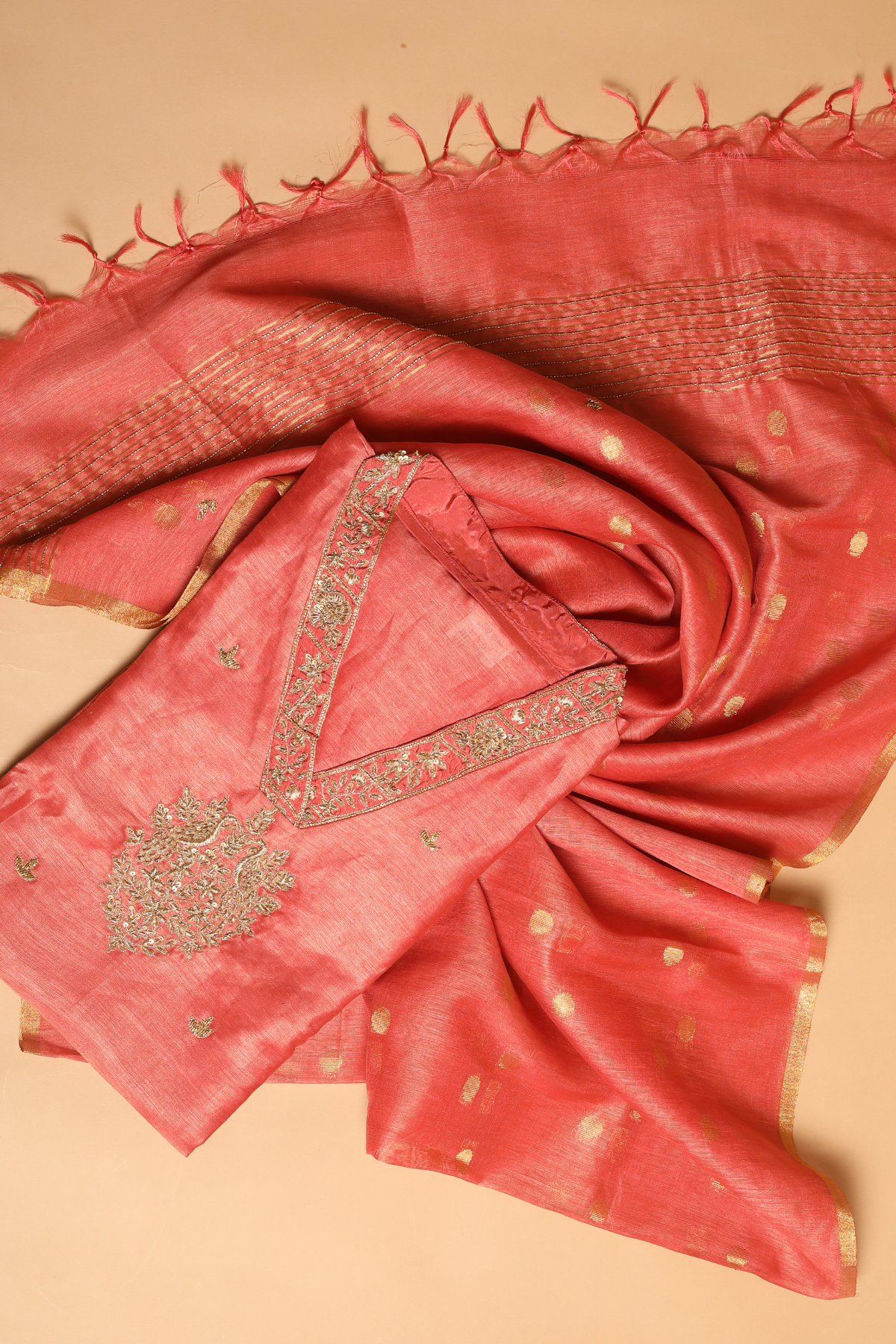 Tangerine Orange Tissue Linen Kurta Set wih Antique Gold Work