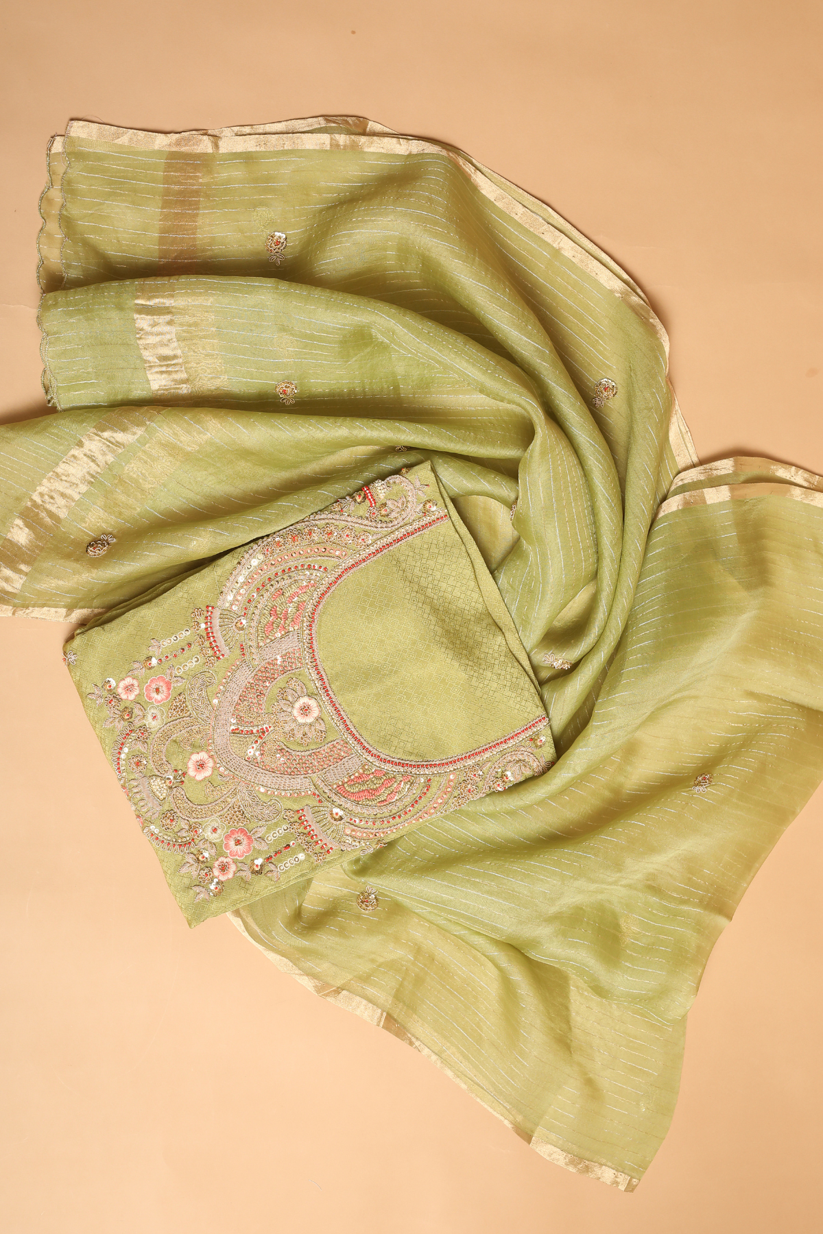 Olive Green Zari Tissue Kurta Set with Textured Zardoshi Embroidery
