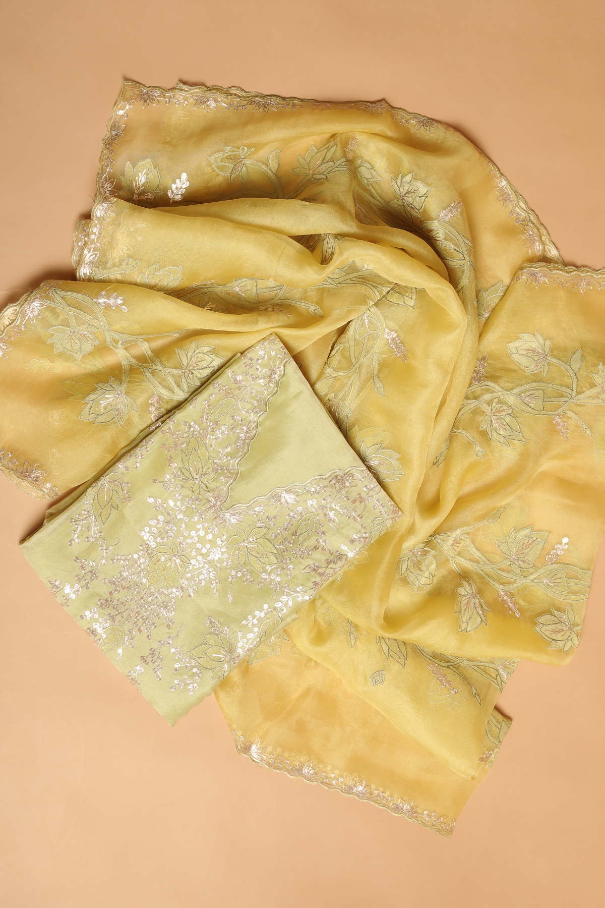 Citrine Yellow Kurta Set with Contrast Dupatta Embroidered with Applique Work
