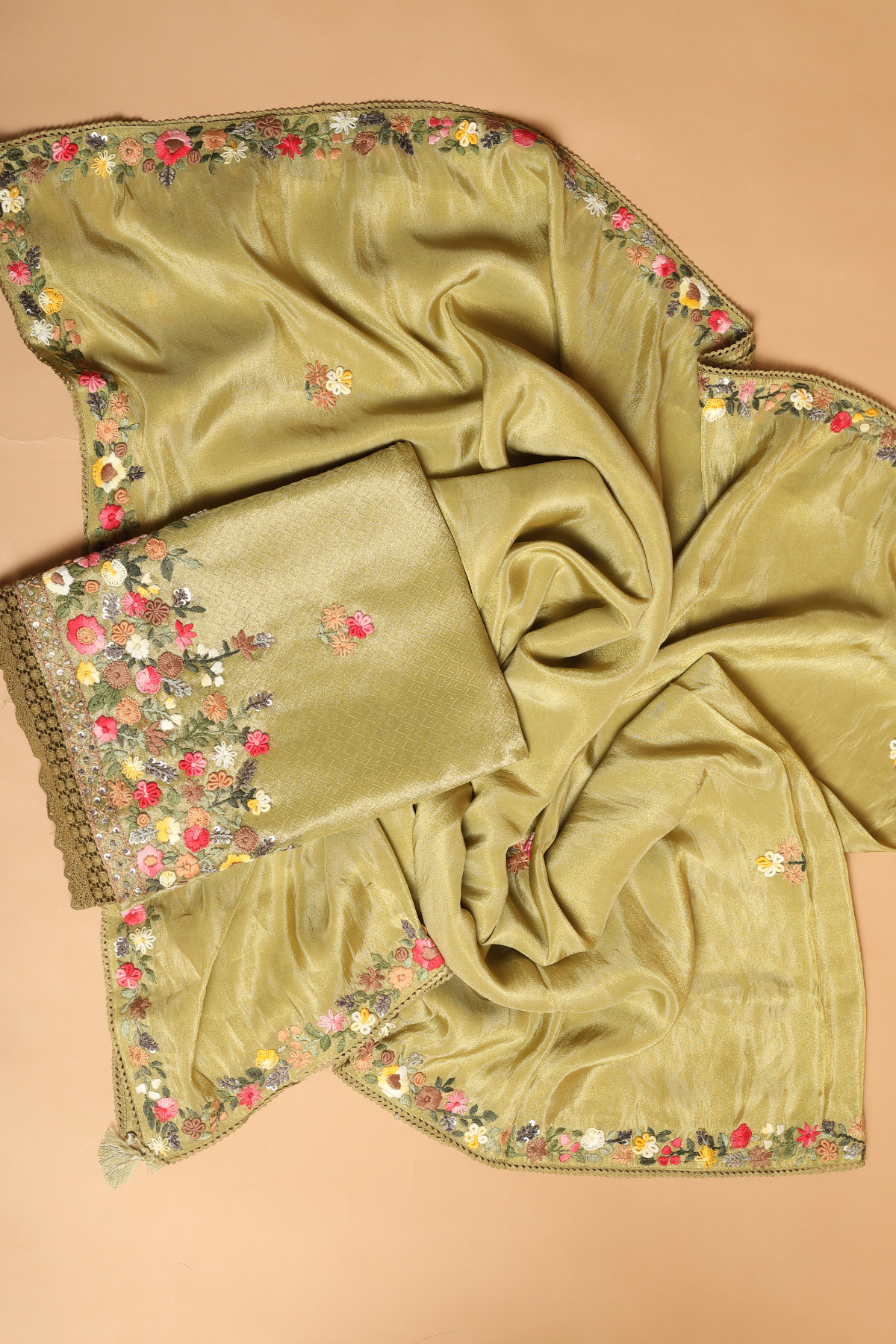 Olive Green Tissue Kurta Set with intricate Resham Embroidery