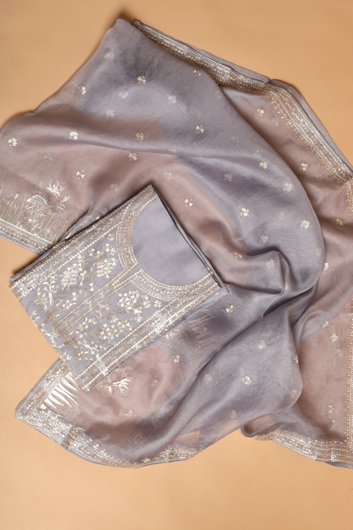 Grey Organza Kurta Set with Animal Motif & Zari Pitta Embroidery