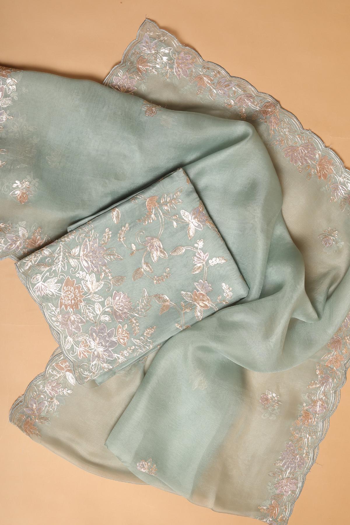 Powder Blue Organza Kurta Set with Applique & Zari Pitta Embroidery