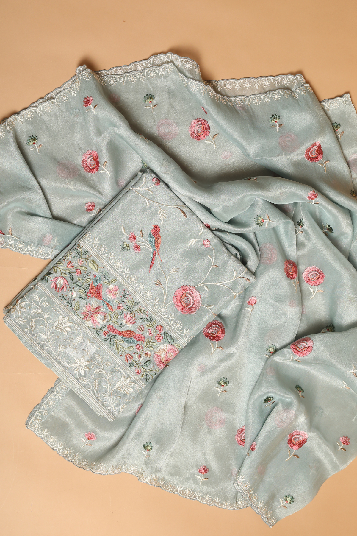 Blue Soft Tissue Kurta Set with Meticulous Parsi Embroidery