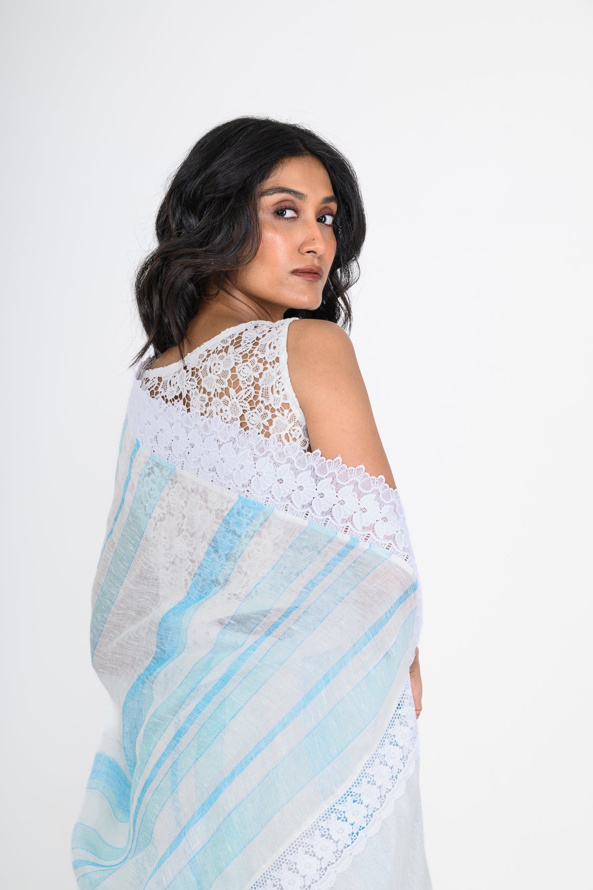 Printed Light Blue Pure Linen Saree