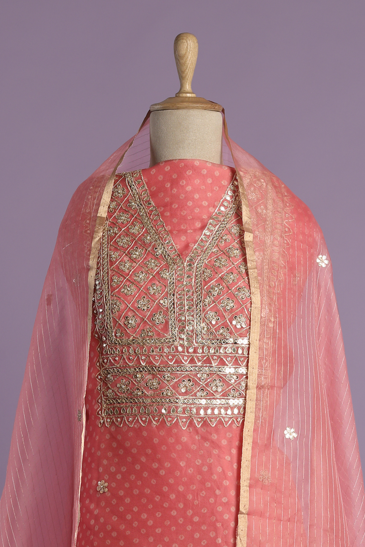 Blush Pink Organza Bandhej Print Kurta Set with Gota Dori Embroidery
