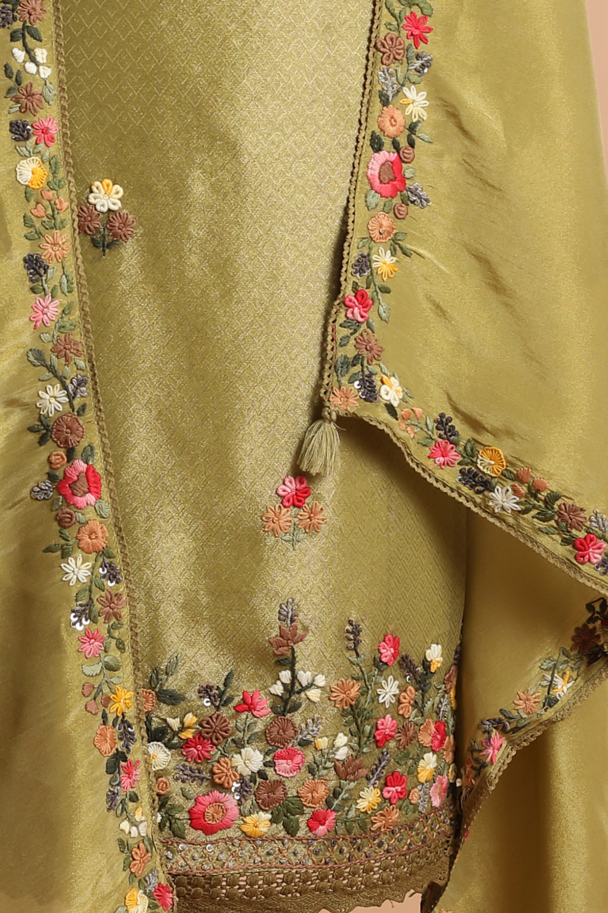 Olive Green Tissue Kurta Set with intricate Resham Embroidery