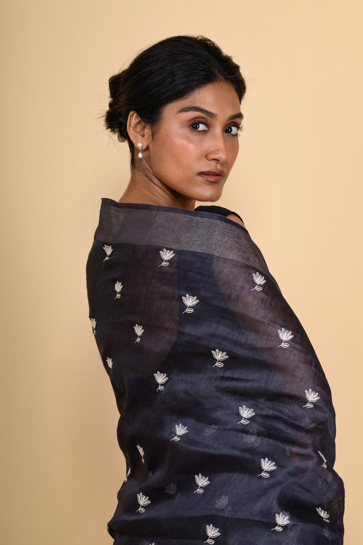 Deep Blue Hand Embroidered Pure Linen Saree