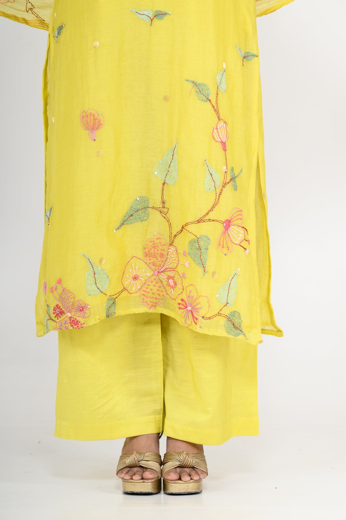 Sunshine Yellow Pure Mulmul Kurta Set & Dupatta with Katha Work
