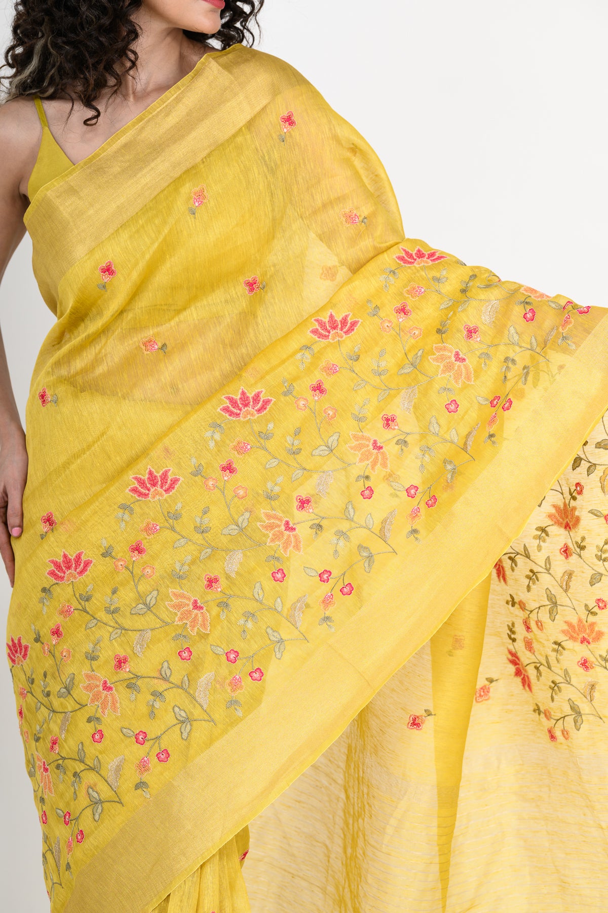 Sunshine Yellow Parsi Embroidered Pure Linen Saree