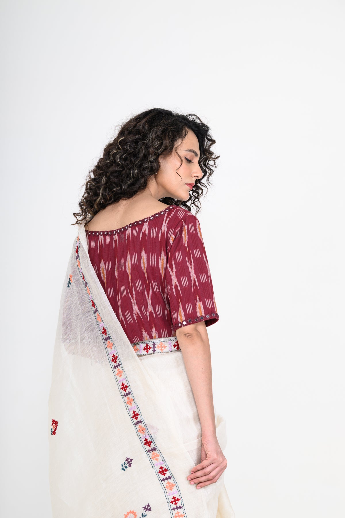 Pure Linen White Saree with Thread Work