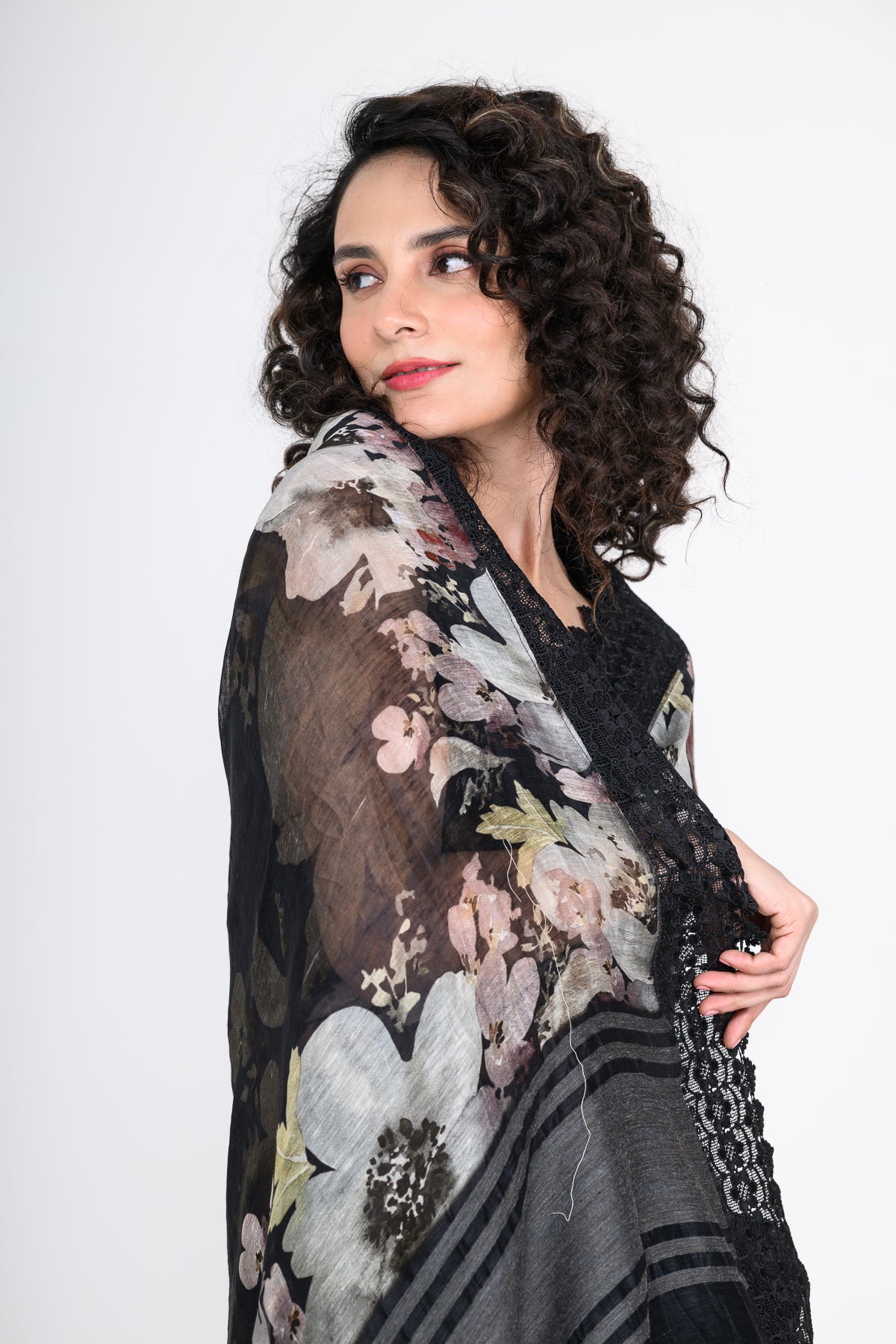 Floral Printed Pure Linen Black Saree