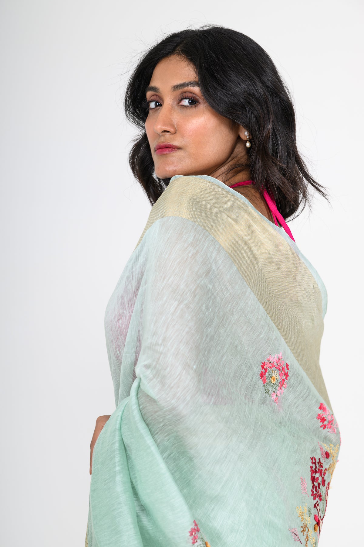 Light Green Pure Linen Saree with Tikki & Thread Work