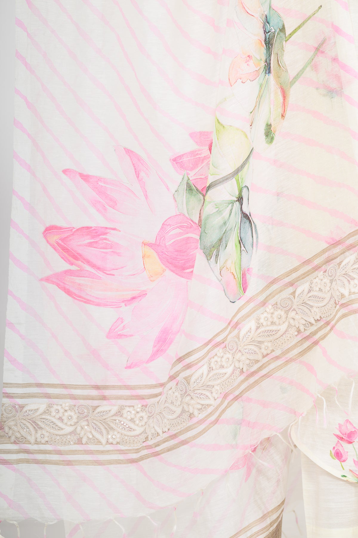 Floral Printed Pure Linen Off White Kurta Set with Dupatta
