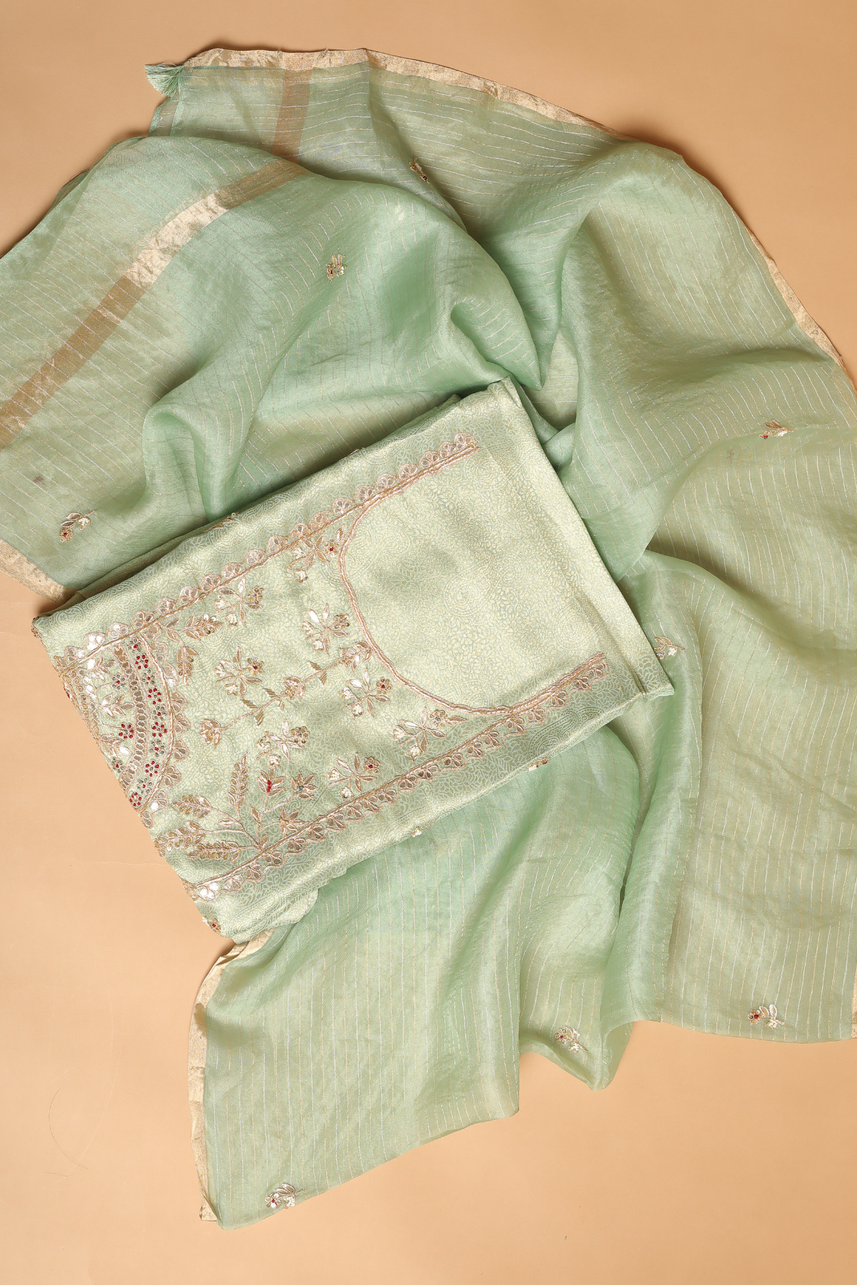 Pista Green Gold Tissue Kurta Set Embellished with Designer Motifs & Embroidery