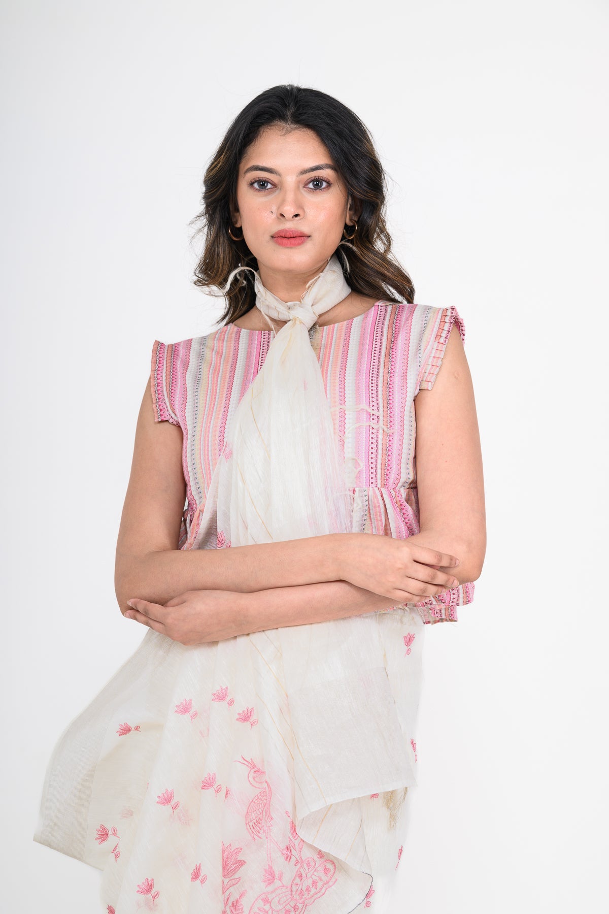 White-Pink Dual Tone Printed Pure Linen Saree