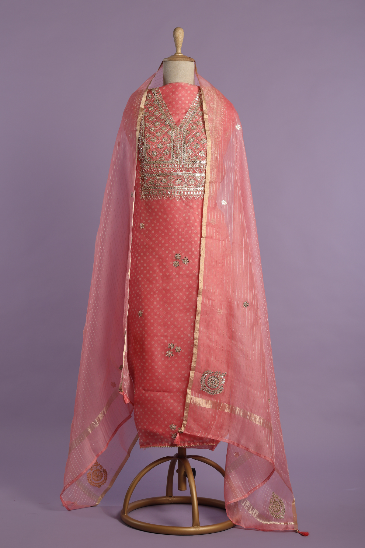 Blush Pink Organza Bandhej Print Kurta Set with Gota Dori Embroidery