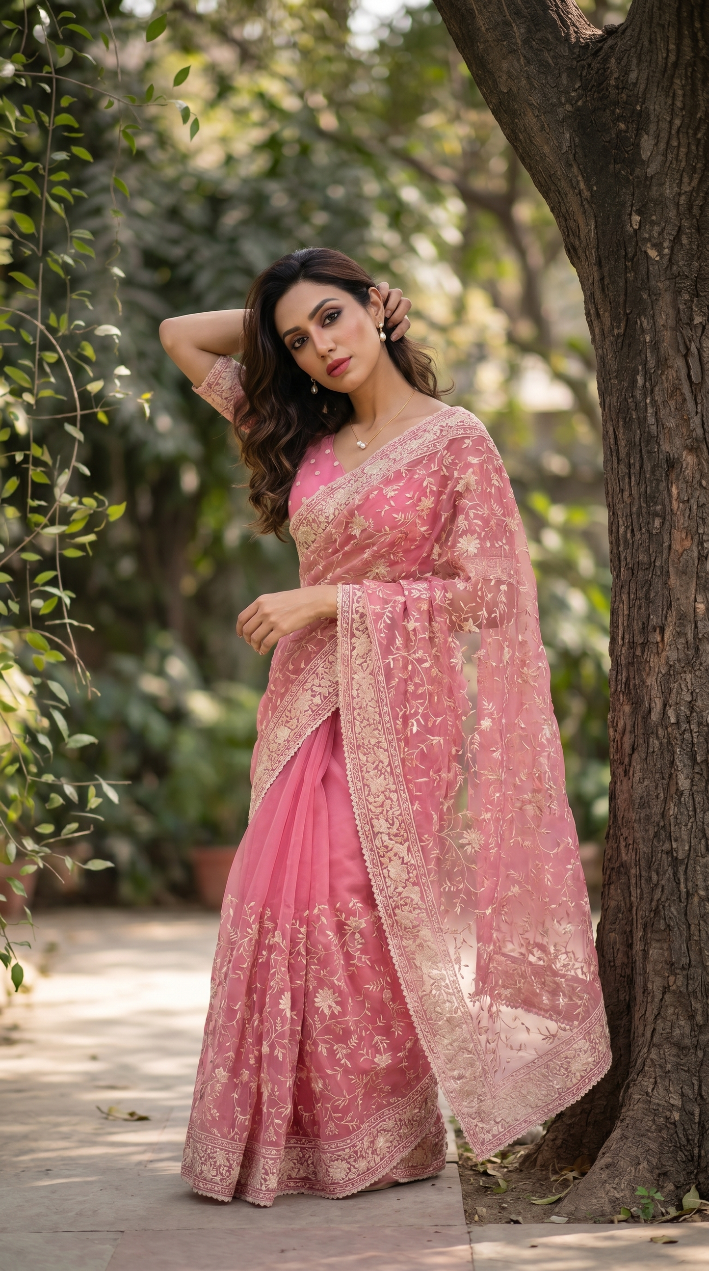 Organza pink Saree