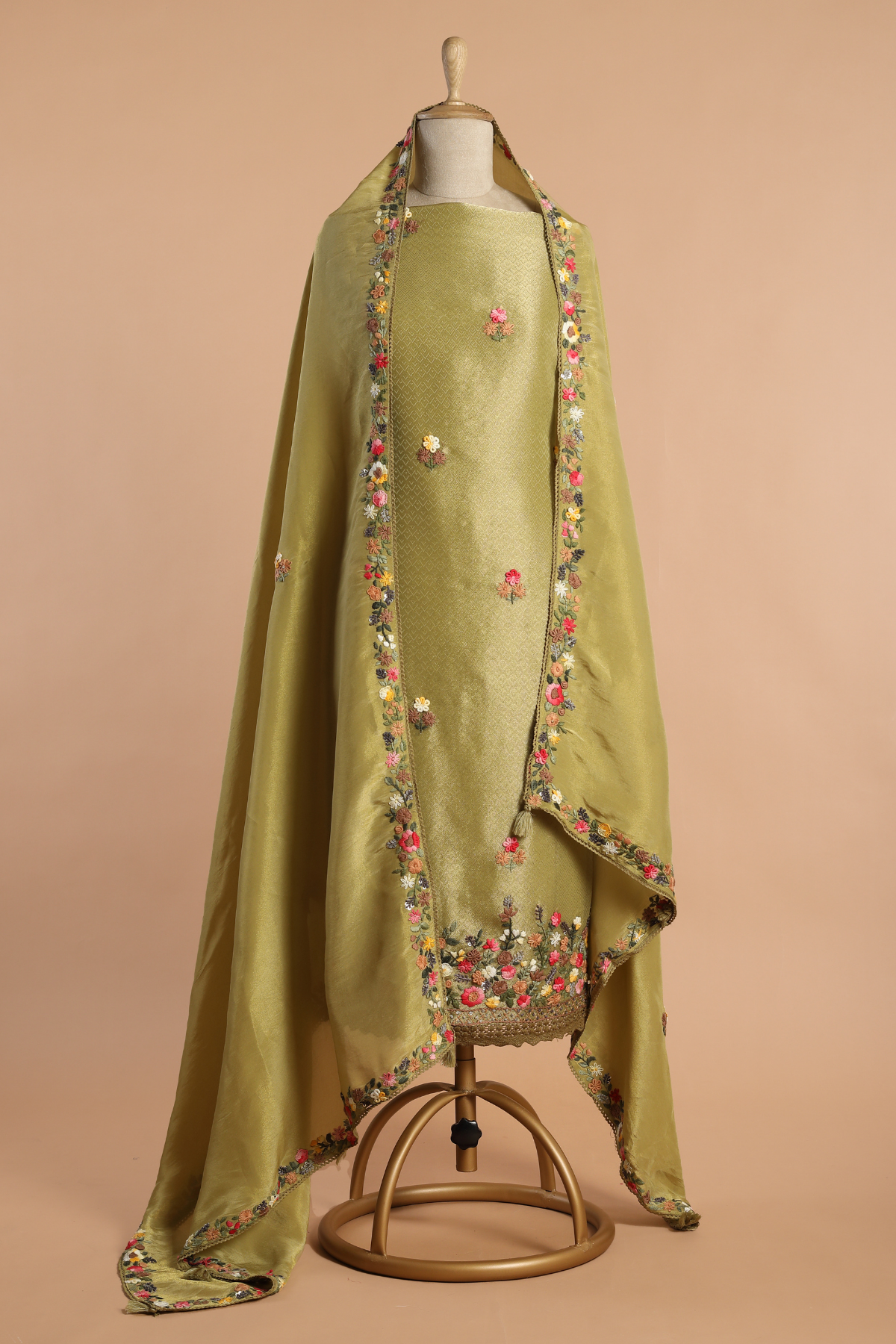 Olive Green Tissue Kurta Set with intricate Resham Embroidery