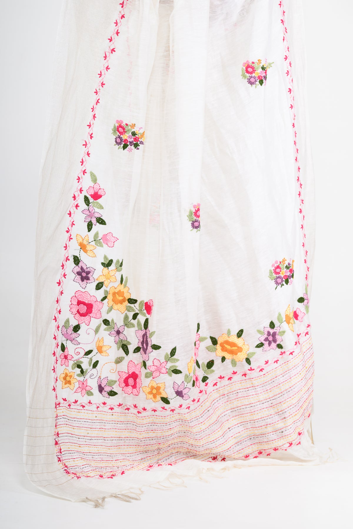 White Pure Linen Saree with Tikki & Thread Work