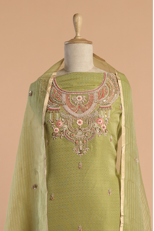 Olive Green Zari Tissue Kurta Set with Textured Zardoshi Embroidery