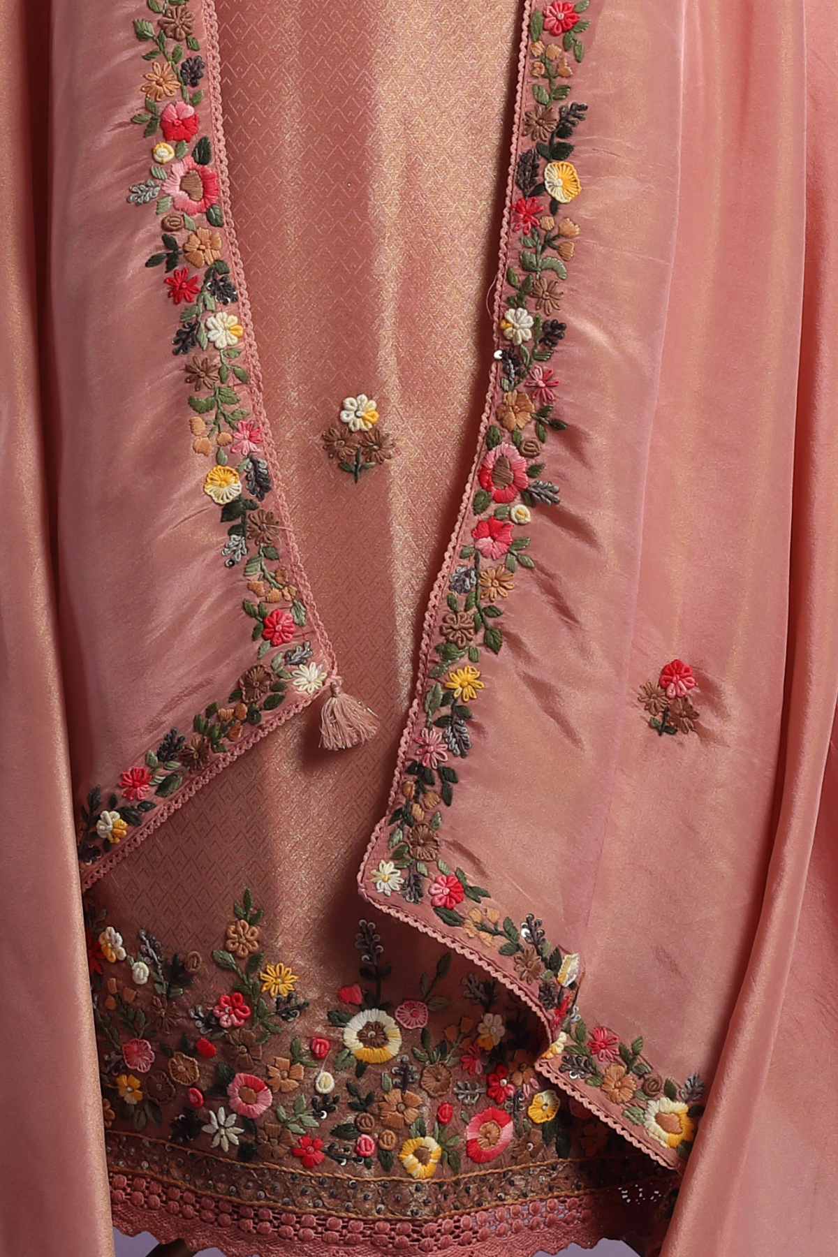 Peach Tissue Kurta Set with intricate Resham Embroidery