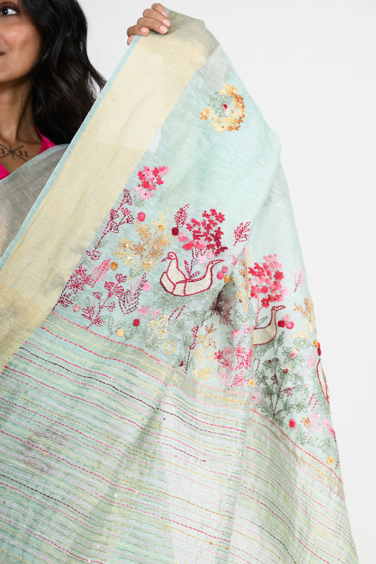 Light Green Pure Linen Saree with Tikki & Thread Work