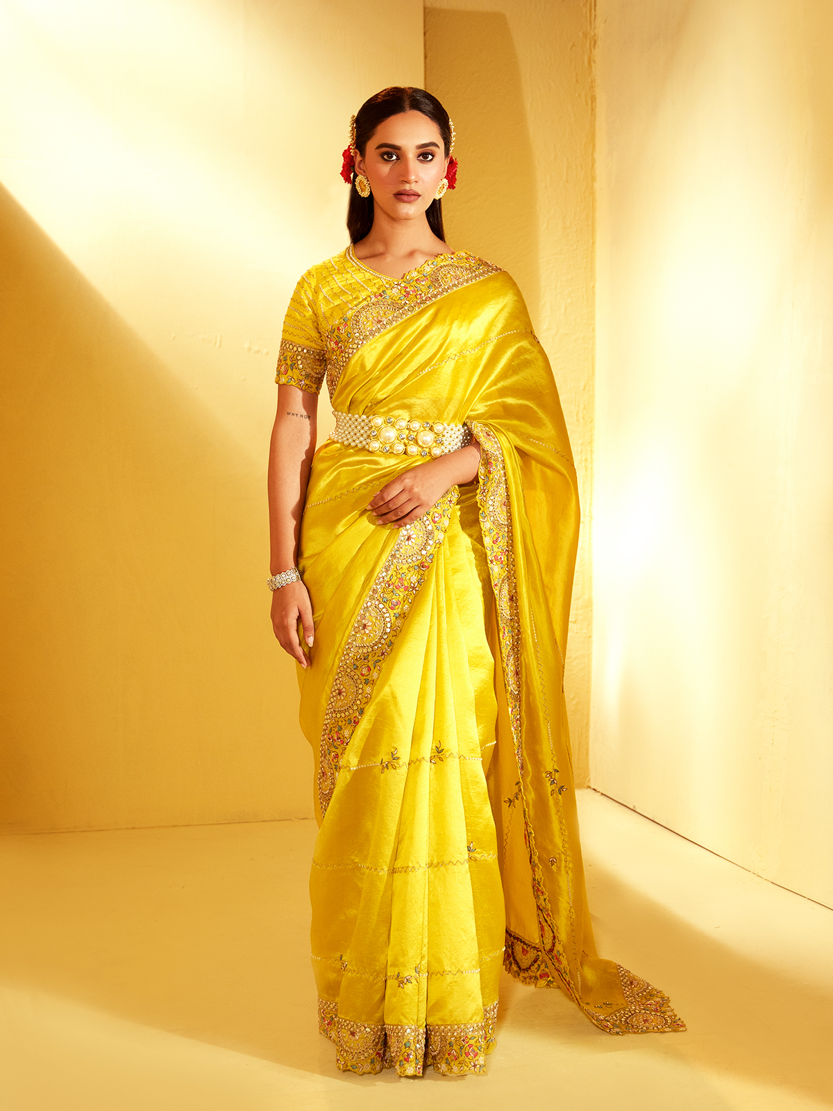 Haldi Yellow Silk Thread Embroidered Saree with Gota Patti Border