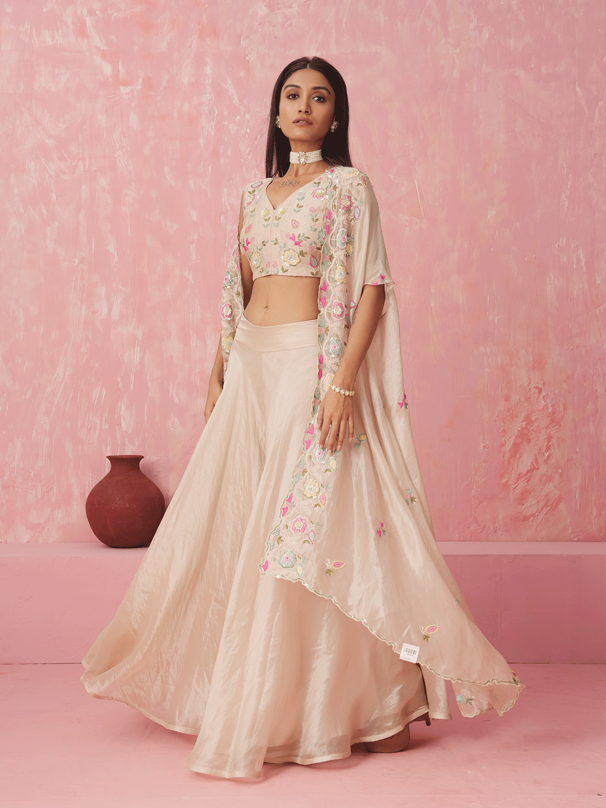 Cream White Resham Embroidered Cape Set with Sequins Details