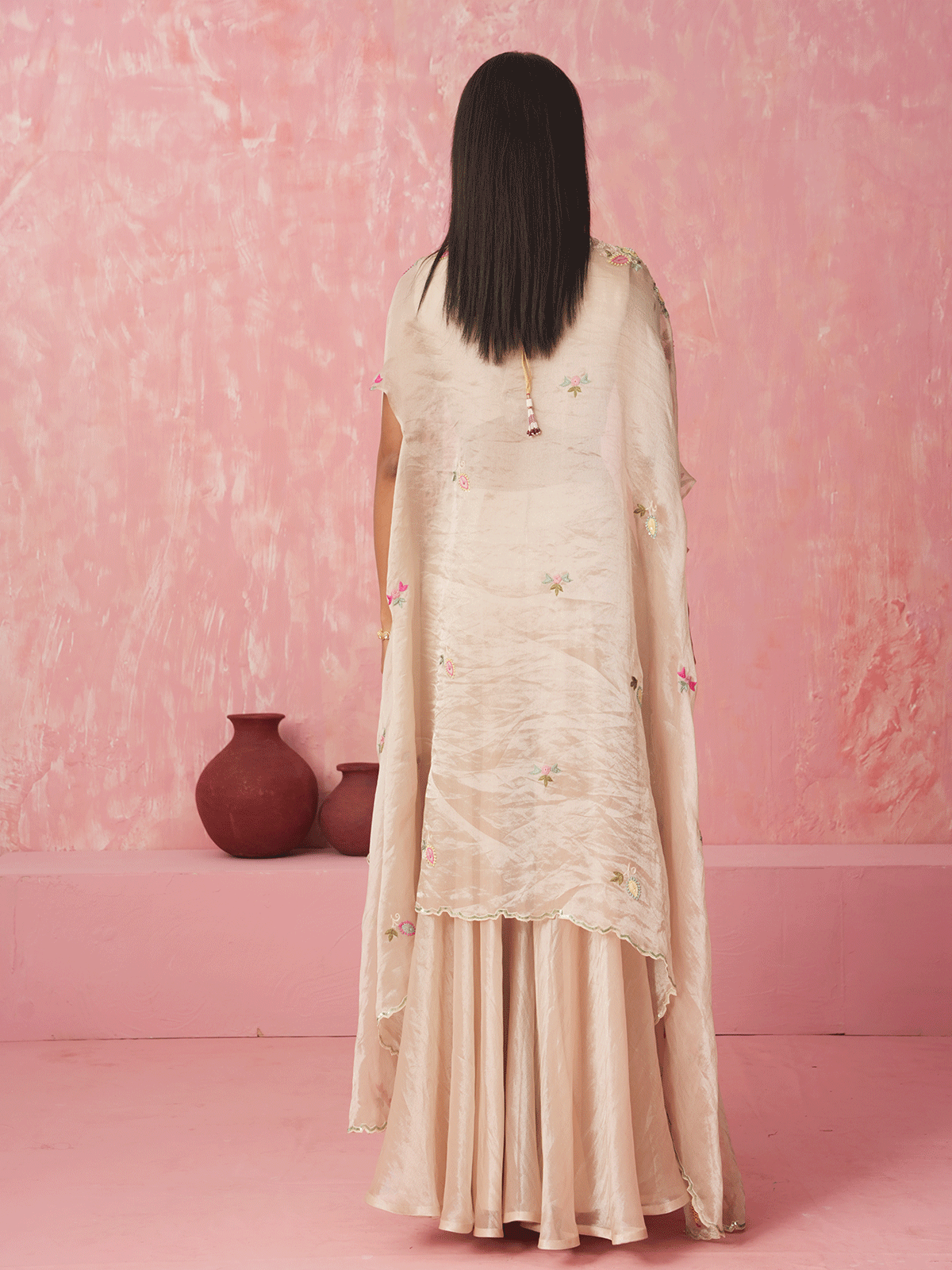 Cream White Resham Embroidered Cape Set with Sequins Details