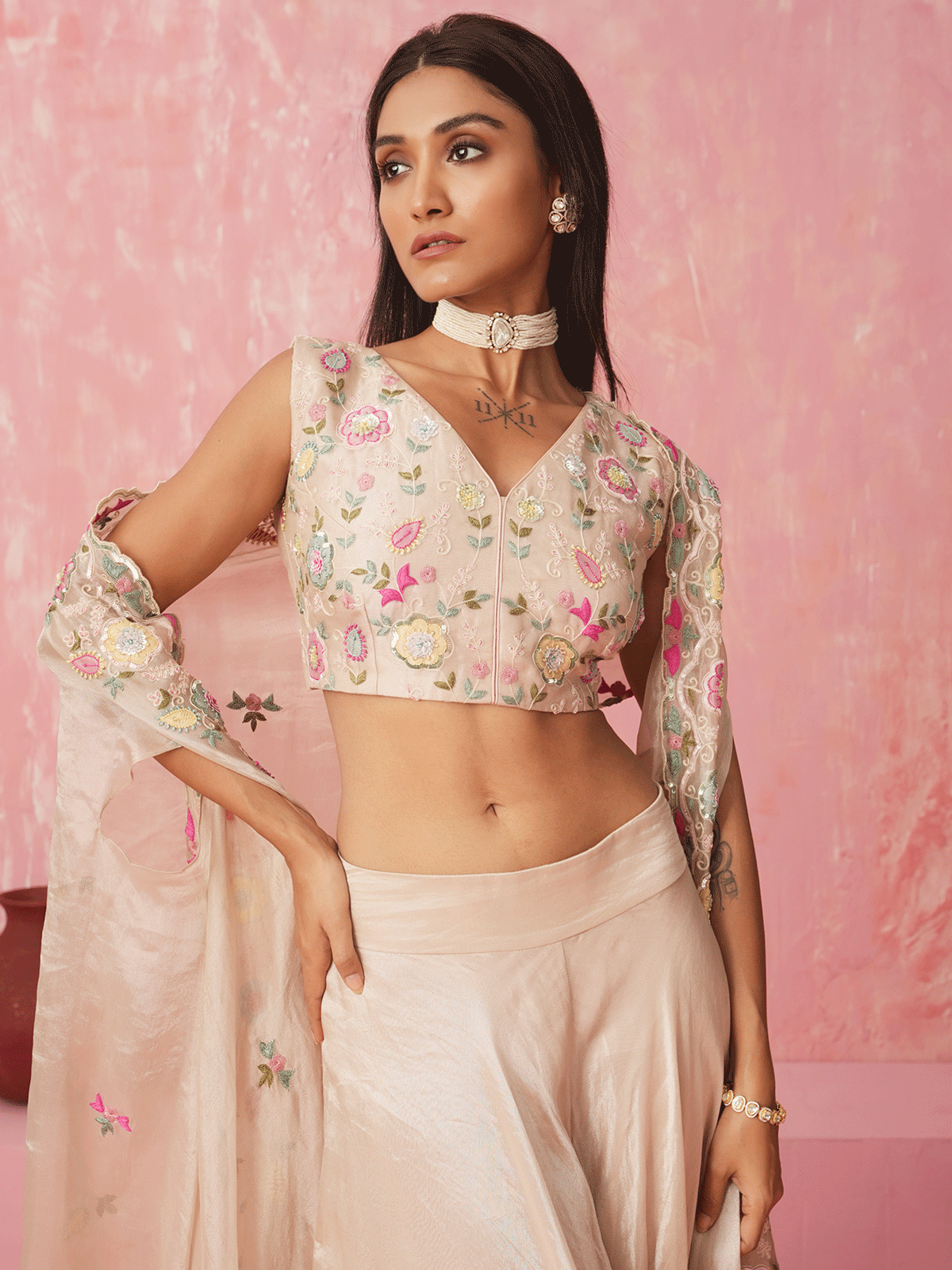 Cream White Resham Embroidered Cape Set with Sequins Details