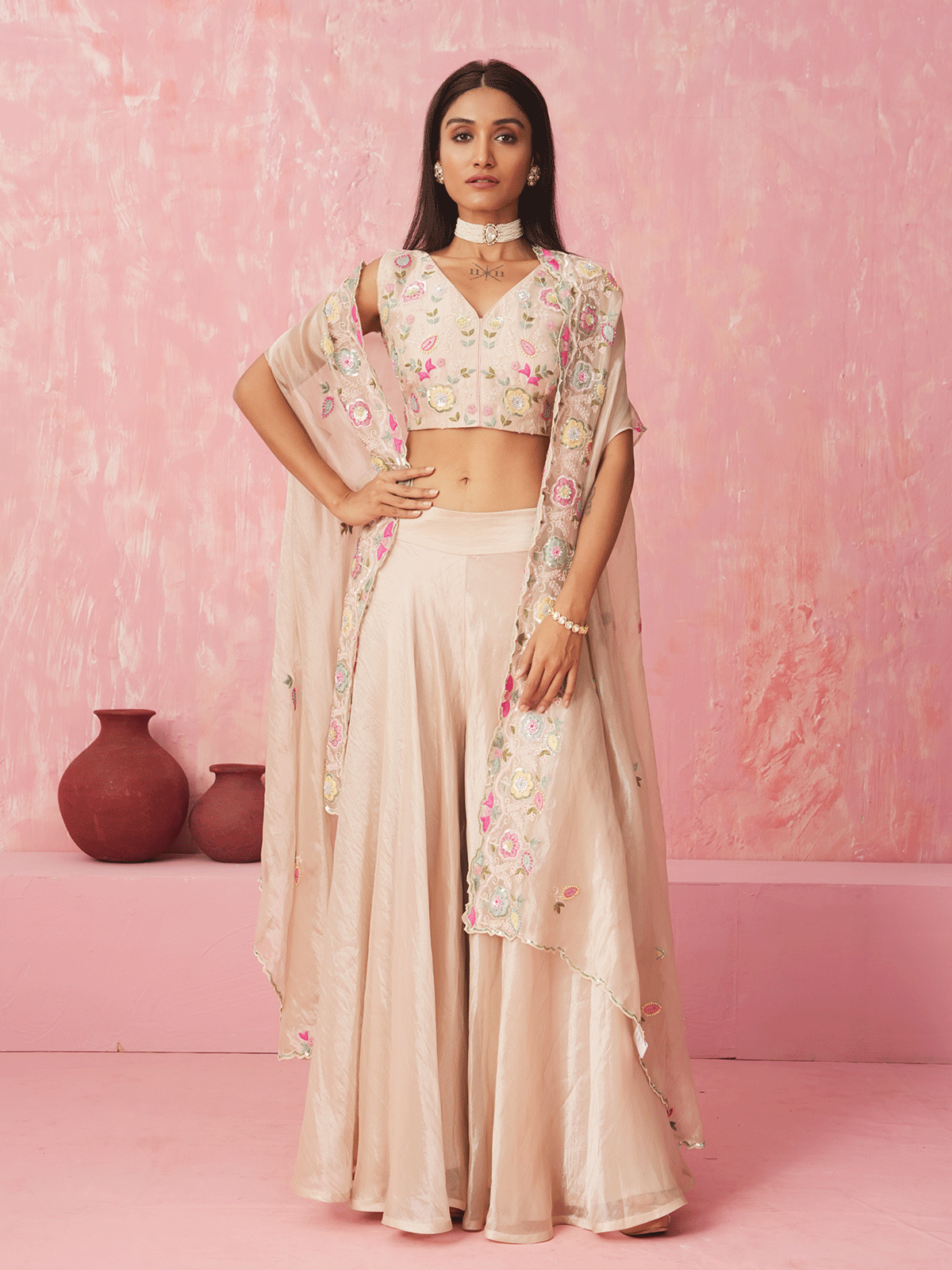 Cream White Resham Embroidered Cape Set with Sequins Details