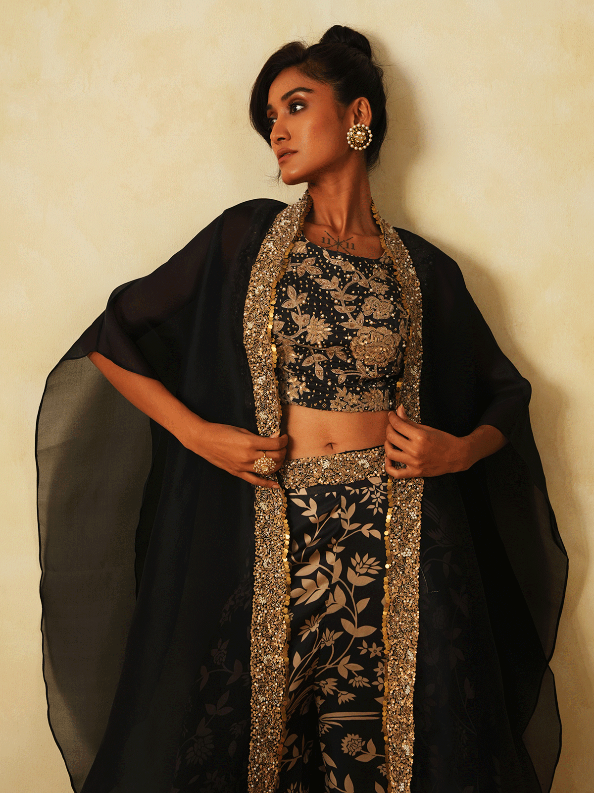 Satin Black Organza Embroidered Cape Set with Dabka & Cutdana