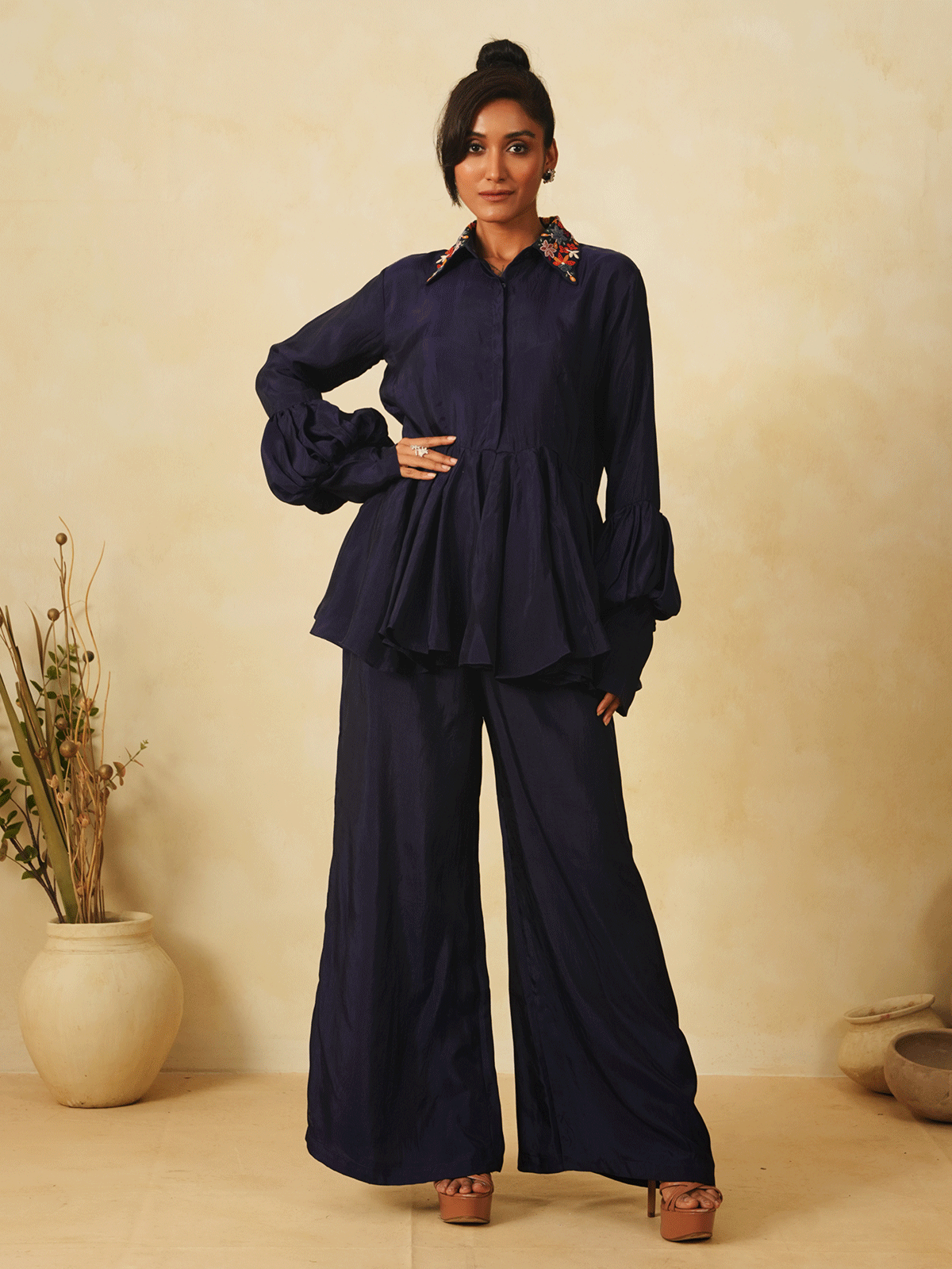 Blue silk peplum co-ord set