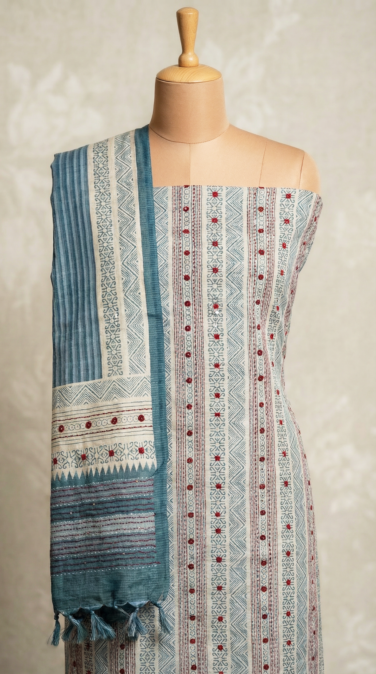 Resham Embroidery Blue Jute Cotton Unstitched Suit Set