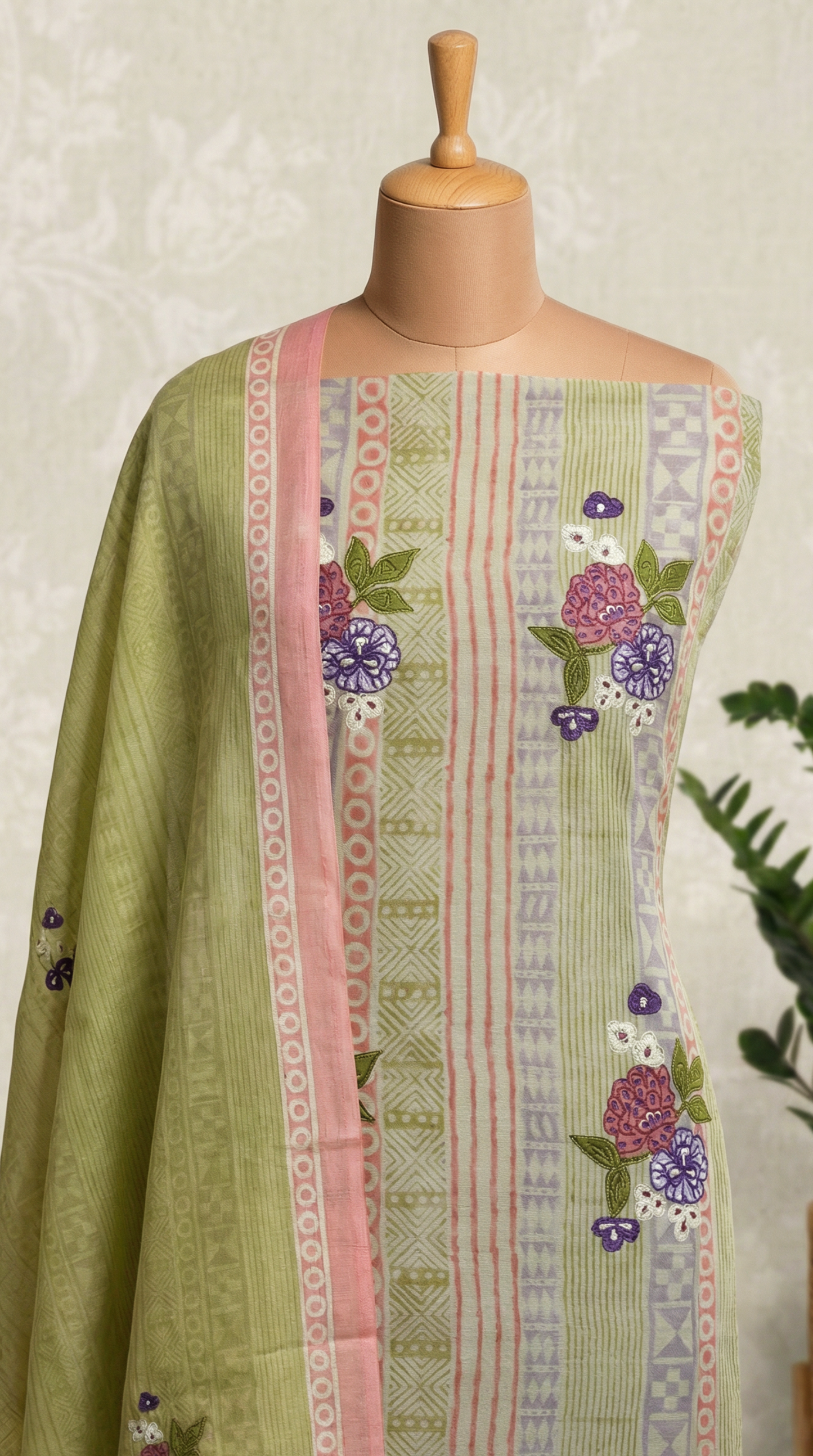 Resham Embroidery Olive Green Jute Cotton Unstitched Suit Set