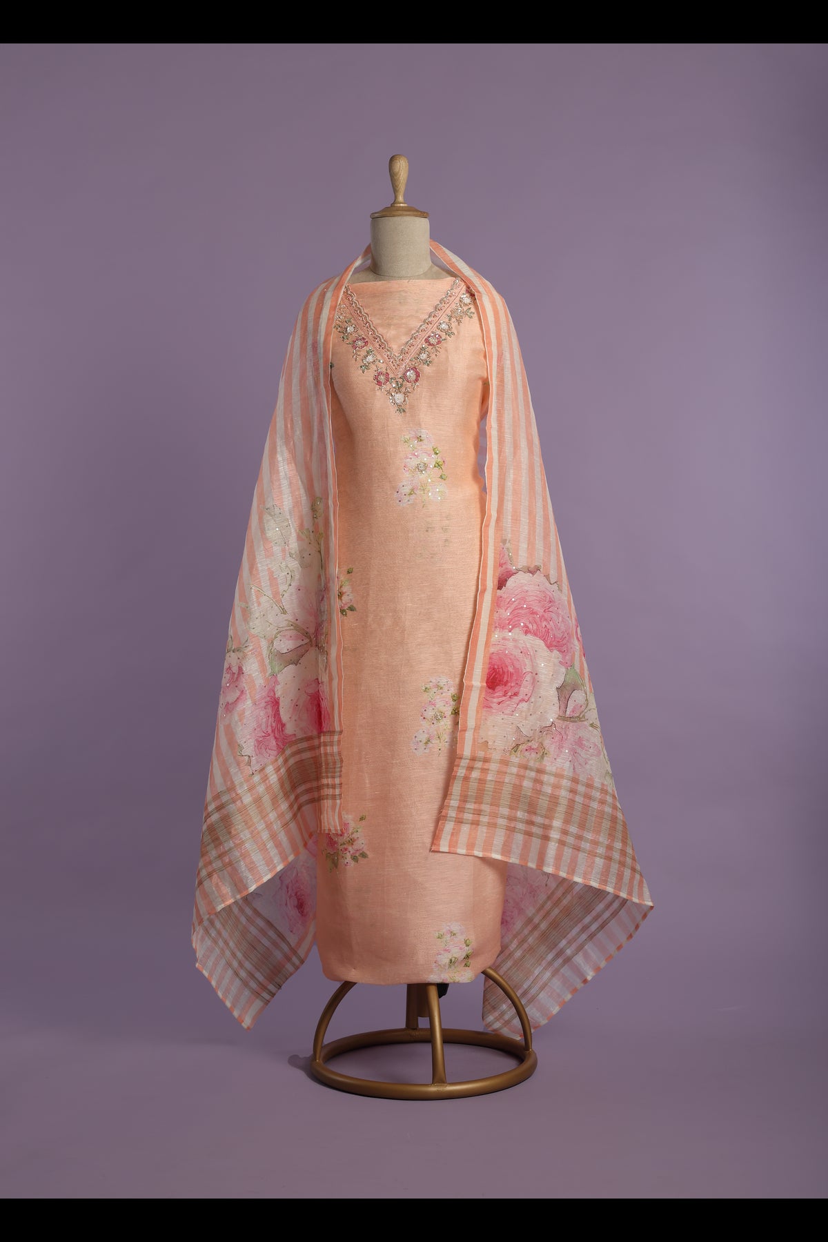 Peach Floral Printed Linen Kurta Set with Sequins & Intricate Hand Work