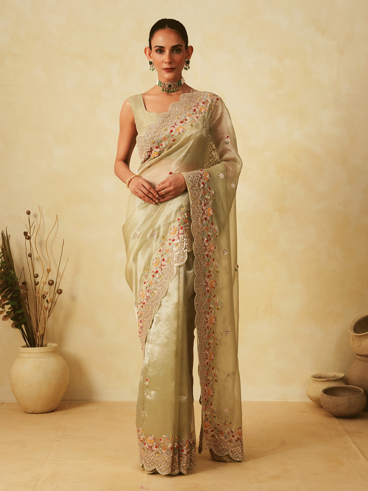 Resham Embroidered Green Tissue Saree with Chir Work