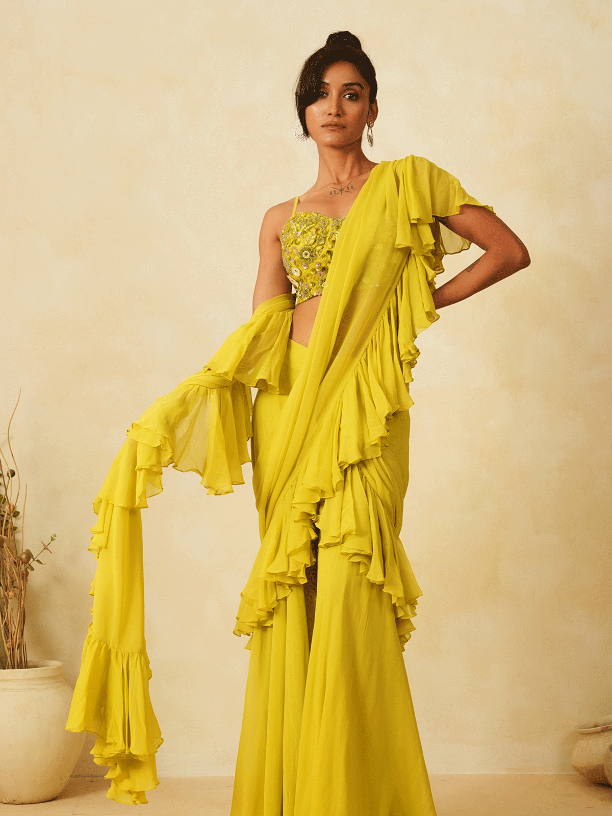 Graceful Lemon Yellow Pre-Drape Saree with Cutdana & Sequins Work