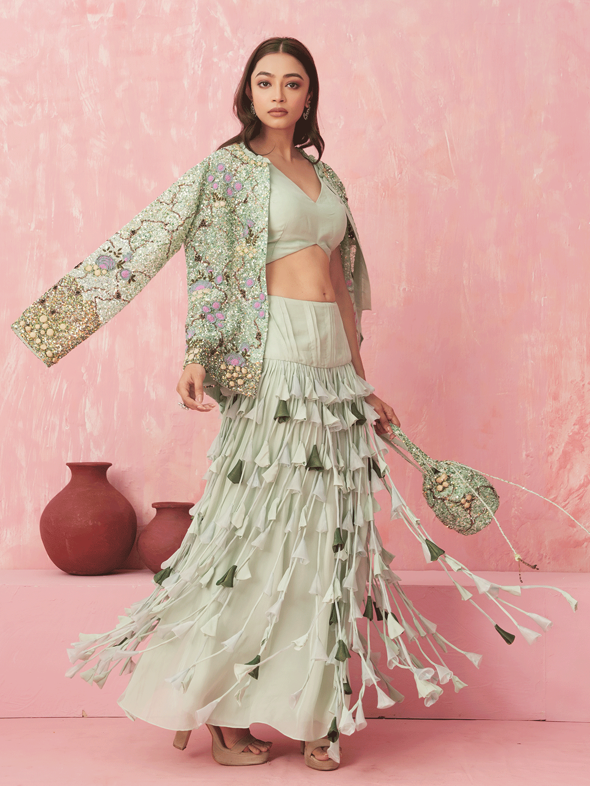Pista Green Embroidered Silk Jacket Skirt Set with Sequins Details