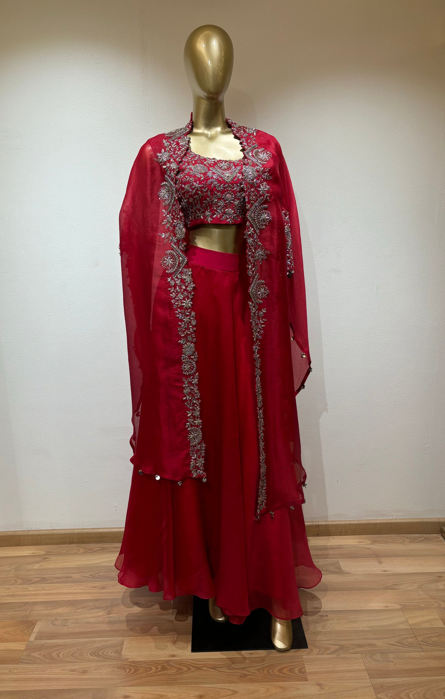 Hyacinth Red Zardoshi Embroidered Organza Cape Set