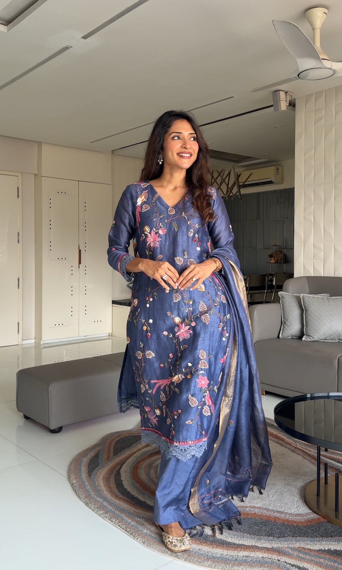 Slate Blue Coloured 3D Resham Embroidery Mulmul Stitched Kurta Set
