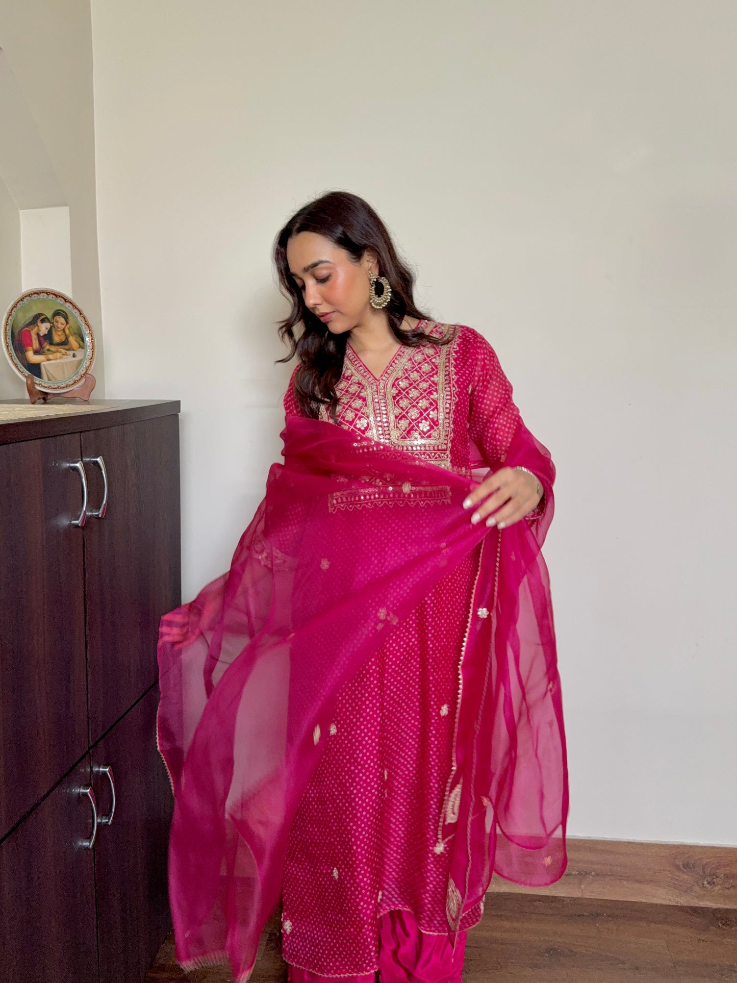 Red Organza Bandhej Print Kurta Set with Gota Dori Embroidery