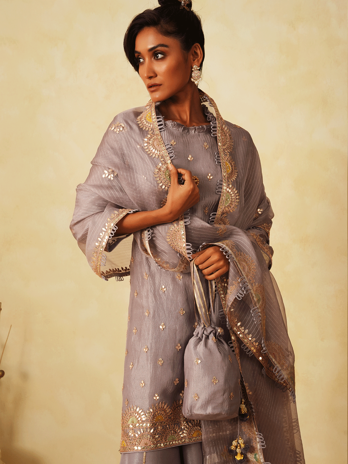 Glimmering Grey Tissue Kurta Set with Gota Patti Work